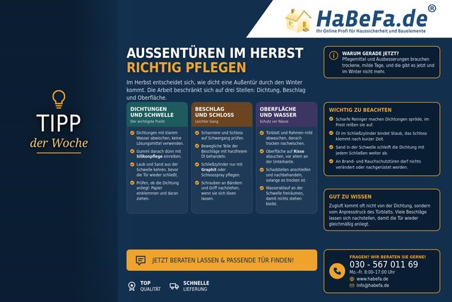 Die drei Bereiche der Herbstpflege: Dichtungen und Schwelle, Beschläge und Schloss, Oberfläche und Wasser