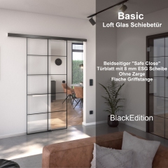 Basic Glas-Schiebetür mit SafeClose-Halterung -BlackEdition - mit ESG Sicherheitsglas 