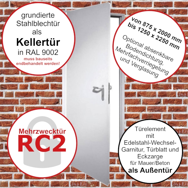 Kellertür - Außen-Sicherheitstür RC2 ab 875 x 2000 bis 1250 x 2250 mm