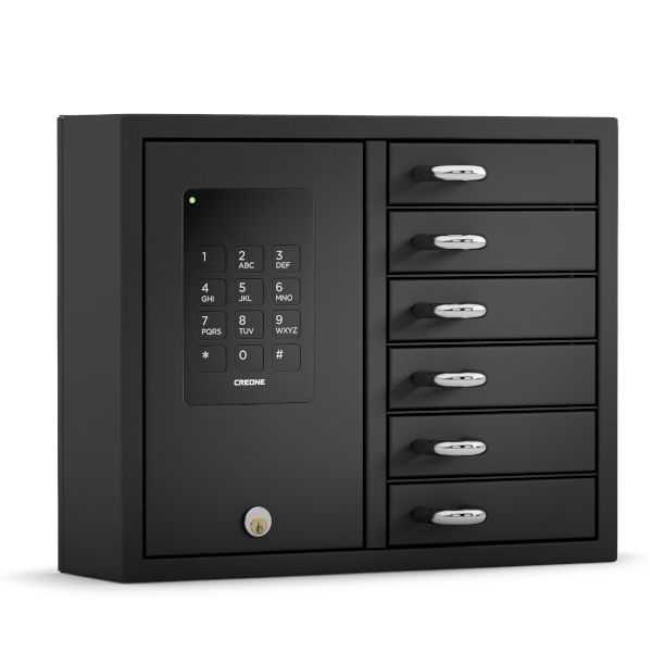 schwarze Keybox 9006 B - (Nr. 141360) BLACK Schlüsselbox mit 6 Fächern -  Fachgröße 15 cm breit, 8 cm tief, 4 cm hoch - Edelstahl und  pulverbeschichtet in Schwarz