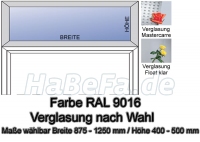 Oberlicht Sondermaß 875 - 1250 mm, RAL 9016 und Glaseinsatz Mastercarre, Float sandgestrahlt, Float klar, Kathedralglas kleingehämmert oder Ornament 504 nach Wahl